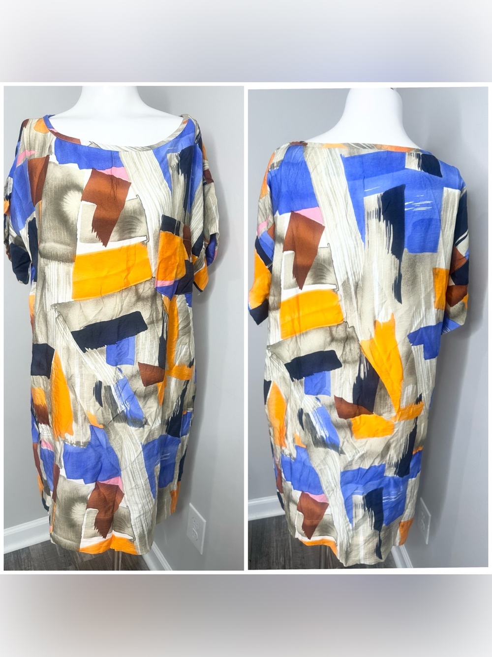 New York & Company Abstract Midi Shift Dress - Blue, Orange & Beige- large -nwt